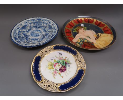 Continental porcelain circular dish painted with a female portrait after Mucha, signed Trixie Emery, March 1991 together with