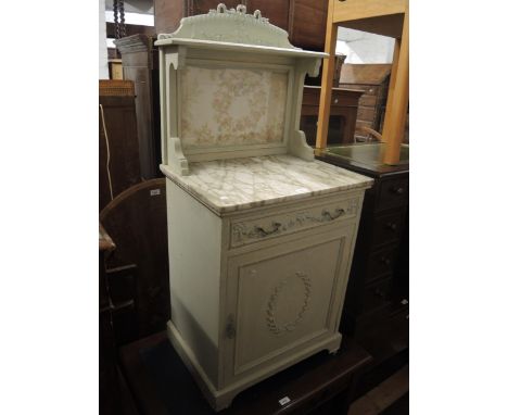 Small late 19th / early 20th Century painted washstand, the shelf back inset with a fabric panel above a veined marble top, t