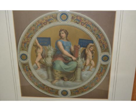 Framed coloured print, 'Philosophy from a fresco by Raffaele at the Vatican', frame 30.5ins square 