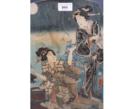 19th Century Japanese woodblock print, two geishas in a moonlit scene, 14ins x 9.25ins approximately, gilt framed 