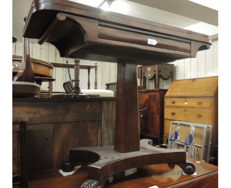 19th Century rosewood rectangular fold-over card table on a plain column support and quadruped base, 35ins wide 