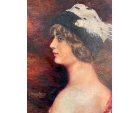 Early 20th Century Continental school, oil on canvas, head and shoulder portrait of a lady wearing a fur and feather hat, ind