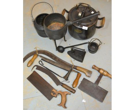 Iron pressure cooker, saucepan, gluepot and miscellaneous hand tools etc. 