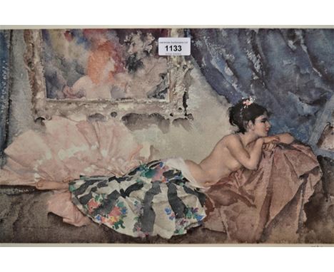 Sir William Russell Flint, coloured print, semi nude reclining female, No. 608 of 850, bearing blind stamp, gilt framed, 11.2