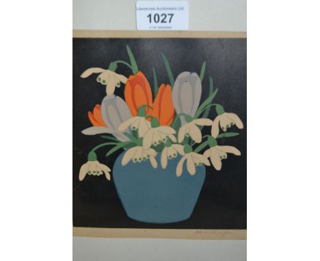John Hall Thorpe, signed woodcut print, Snowdrops and Crocuses, 7ins x 6.5insSome scuffs and slight marks within the areas of