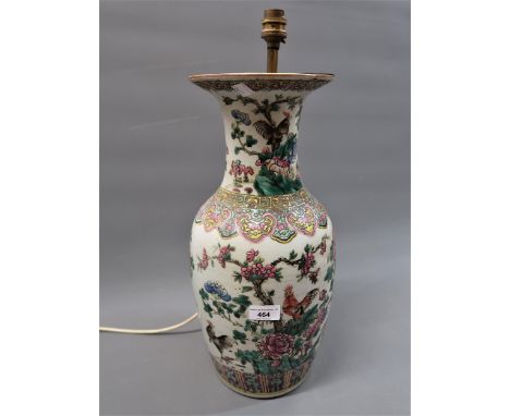 Chinese famille rose baluster form vase, painted with birds and foliage (later converted to a table lamp and hairline crack t