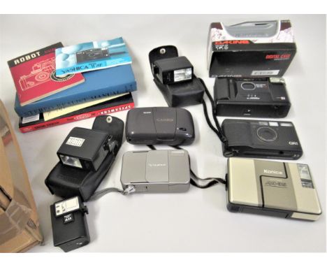 Box containing a quantity of various cameras including Ricoh, Konica, Fuji together with various camera accessories including
