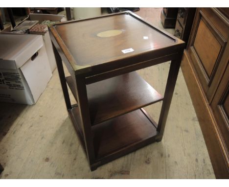 Reprodux square mahogany brass mounted three tier lamp table 