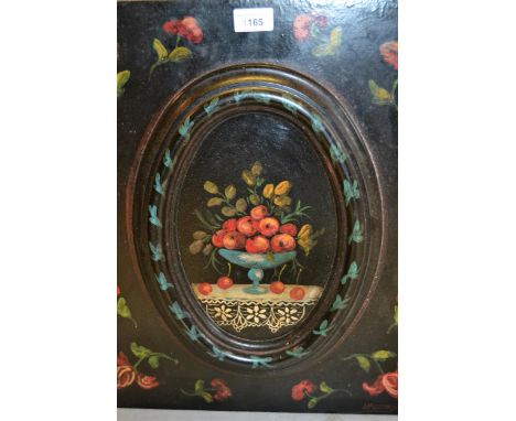 Black lacquer and floral painted panel with oval central moulding decorated with fruit and flowers, signed Apered, 19.75ins x