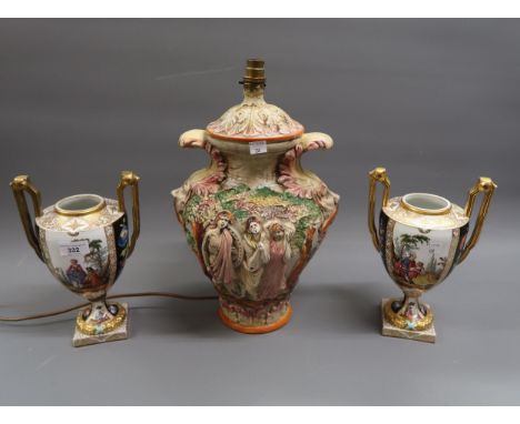 Pair of Dresden pedestal two handled vases with painted decoration of figures in landscapes (lacking covers) and an Italian p