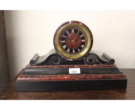 19th Century black slate and rouge marble mounted two train mantel clock, two other black slate mantel clocks and an Edwardia