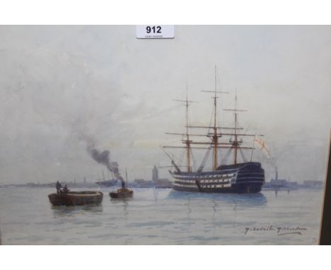 R. Esdaile Richardson, watercolour, HMS Victory in Portsmouth Harbour, signed, 10.75ins x 14.25ins, gilt framedGood condition