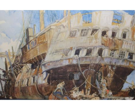Frank Brangwyn, signed coloured print, figures working at the stern of a Man O' War, 17.5ins x 24ins, framedIn good, clean co
