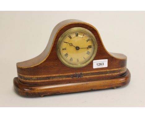 Mahogany and inlaid mantel clock with Roman numerals, together with two black slate clocks 
