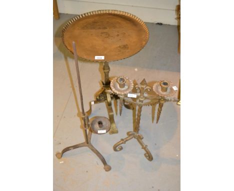 Continental gold painted wrought iron wine table, similar twin light candle holder and a wrought iron adjustable candle holde