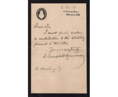 CAMPBELL-BANNERMAN HENRY: (1836-1908) British Prime Minister 1905-08. Brief A.L.S., H. Campbell-Bannerman, one page, 8vo, 10 
