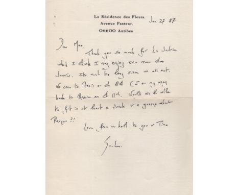 GREENE GRAHAM: (1904-1991) English Novelist. A.L.S., Graham, one page, 8vo, Antibes, 27th January 1987, to Max [Gallo]. Green