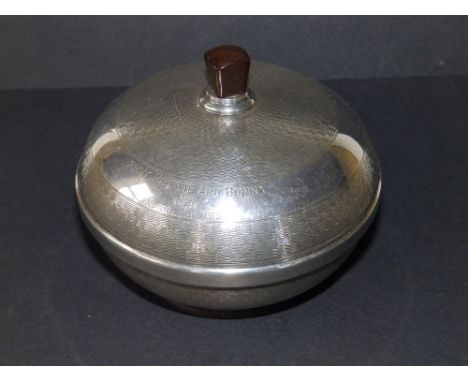 An art deco engine turned silver spherical powder bowl, having brown bakelite finial and lining to cover &amp; base, presenta