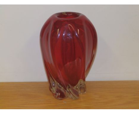 A Whitefriars ruby glass wrythen vase, 7" high.