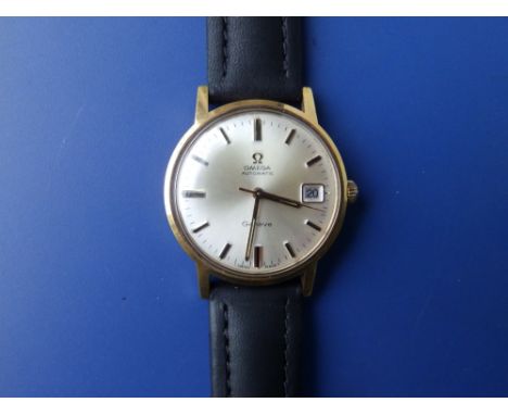 A gent's gold plated Omega Geneve Automatic presentation wrist watch with centre seconds and date indicator - '1971, E. Stein