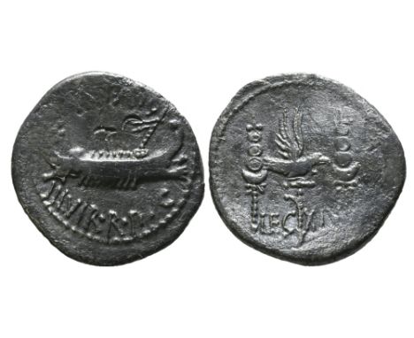 32-31 BC.Mark Antony Ar. Denarius, legionary issue. ANT AVG III VIR R P C; praetorian galley right. Rev. LEG XIV; aquila and 