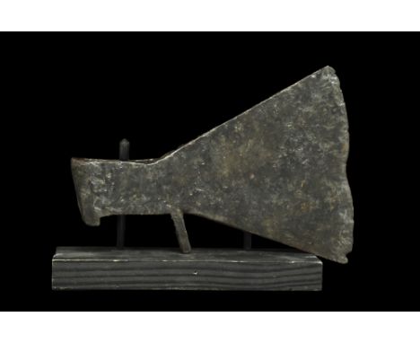 Ca. 900-1100 AD.An iron battle axe with a wide, fan-shaped blade, tapering cheek, heavy poll, and a socket. For more informat
