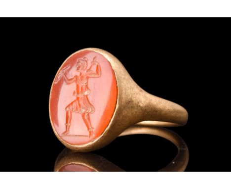 Ca. 200 AD.A carnelian intaglio featuring a depiction of the revered goddess Diana, known as Artemis in Greek mythology. This