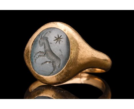 Ca. 100-300 AD.A black intaglio with a masterfully engraved left-facing goat, capturing the essence of Roman glyptic art in i