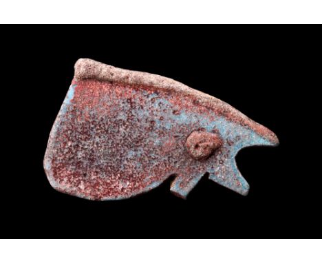Ca. 1070-332 BC.An Ancient Egyptian faience amulet of the Eye of Horus, with details of the eyebrow and pupil enhanced with b