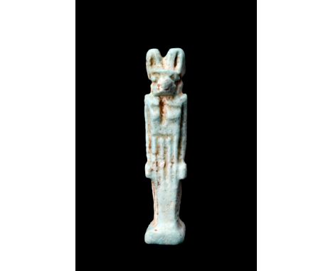 Ca. 664-332 BC.A faience funerary amulet of the god of mummification and the underworld, Anubis. Superb blue colour faience, 