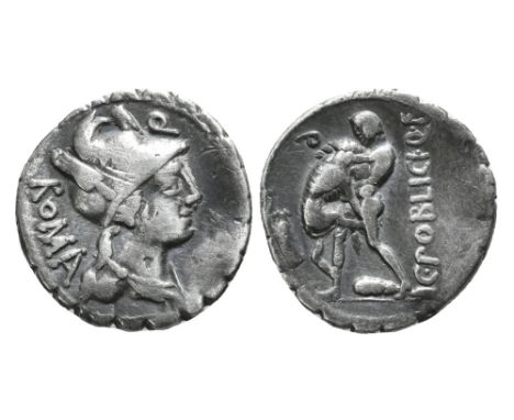 80 BC.C. Poblicius Qf Ar. denarius serratus. ROMA; draped bust of Roma right, helmeted & decorated with corn ears, Q control 