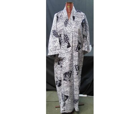 Japanese cotton printed vintage kimono on a white ground with wave and fan decoration. Together with a collection of vintage 