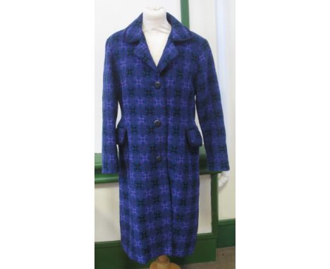 A vintage blue ground Welsh tapestry geometric patterned ladies coat (size 16/97cm on label) by Reseta of Wales, 'Pure New Wo