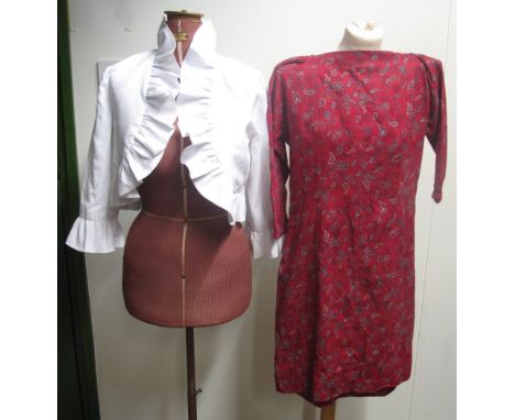 Paisley pattern red cotton print long sleeve vintage shift dress, a white bolero with frill collar and frill cuffs. Together 