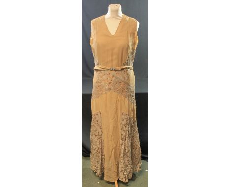 Long pale brown crepe sleeveless 1930's vintage dress with grey lace panels and brown crepe belt with diamante clasp. Togethe