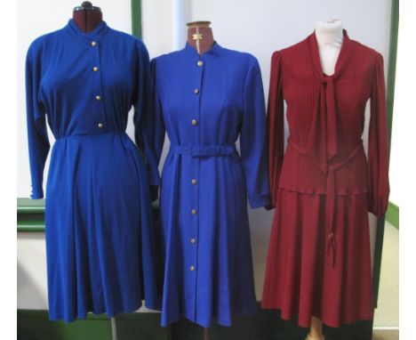 Collection of 80's vintage dresses to include; a dark red long sleeve dress by Ravin with pleated top and belt, a bright blue