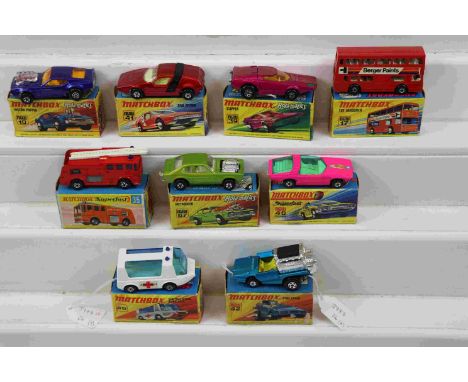 Nine boxed Matchbox Superfast and Rolamatics diecast models to include Rolamatics 67 Hot Rocker in green, 39 Clipper in metal