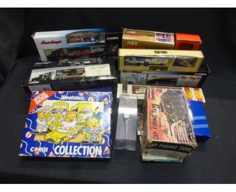Collection of boxed and unboxed models to include Corgi, ltd edn Lledo Landspeed Legends, Marx Cap Firing Tank etc (two boxes