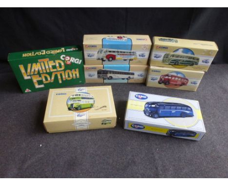 Seven boxed Corgi Classics coaches to include Vintage Buses USA x 2, Commercials from and Public Transport