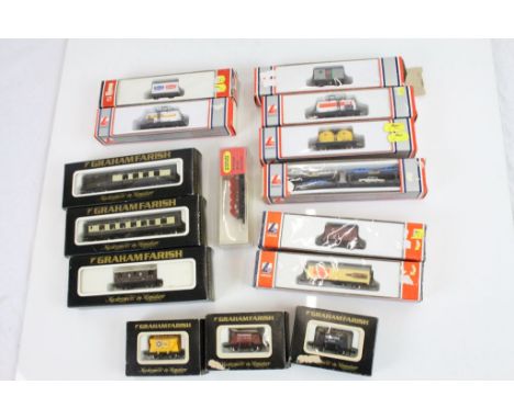 15 Boxed N gauge items of rolling stock to include Graham Farish x 6 and Lima x 8, and Hornby Minitrix x 1 featuring wagons a
