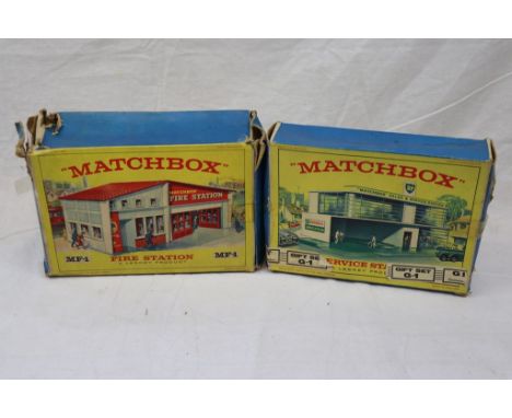 Two boxed Matchbox Lesney road side models to include MG-1 BP Sales &amp; Service Station with petrol pumps and flag and MF-1