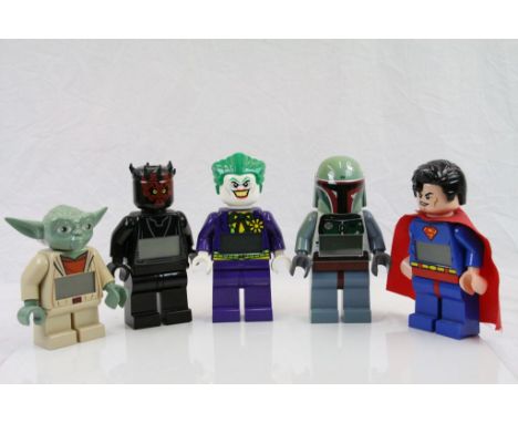 Lego - 5 Large Minifg Digital Clocks to include Darth Maul, Yoda, The Joker, Superman &amp; Boba Fett. Untested. In a plastic