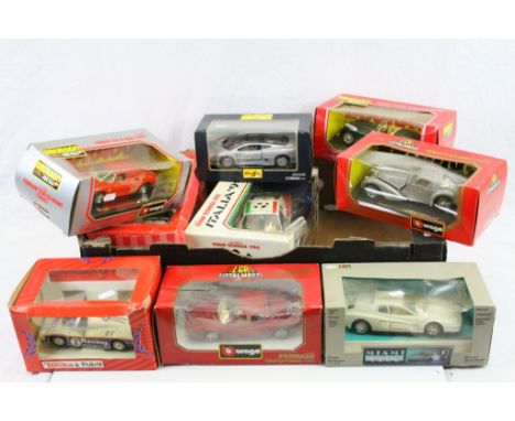 Nine boxed diecast models to include 6 x Burago 3019 Italia '90, 1503 Bugatti Atlantic, 1502 Jaguar XK120, 1504 Ferrari Testa