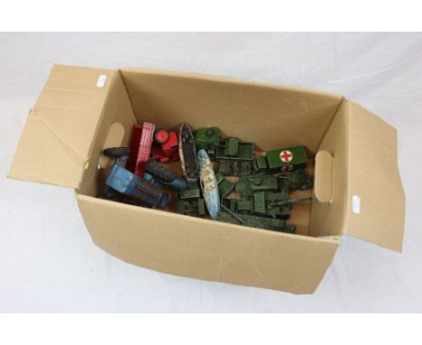 12 Dinky military models plus a Fordson Major Tractor, Chad Valley battleship, Dinky etc, play wear