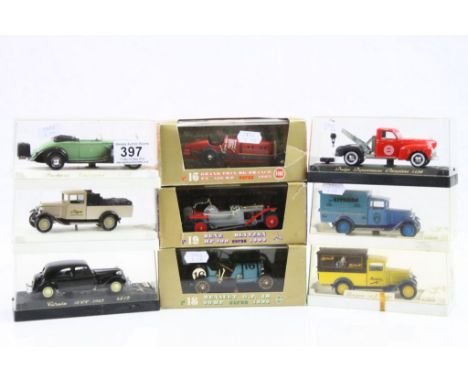 Nine boxed/cased diecast models to include 6 x Solido Age d'or 4428 Chicargo Fire Dept, 4000/401 Citroen, 4407 Michelin, 4000