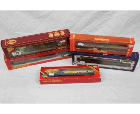 Five boxed OO gauge items of rolling stock to include Hornby R413 Operating LMS Mail Coach, Bachmann 43476, Airfix 543363 and