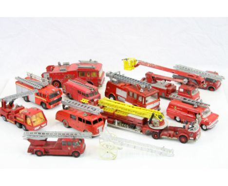 Collection of 12 vintage play worn Fire Engine diecast models to include Dinky, Corgi &amp; Matchbox