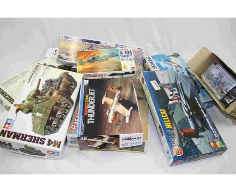 Group of seven boxed unmade plastic model aeroplane kits, most appear complete, with instructions, various scales and manufac