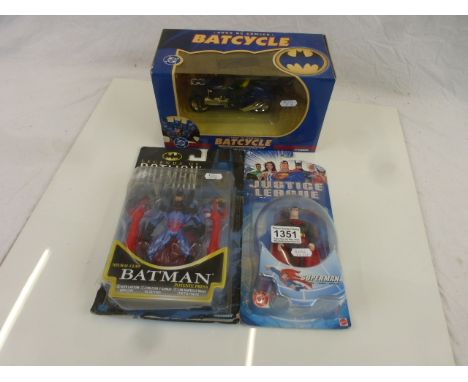 Boxed Corgi 2000 D C Comics Batman Bat Cycle 1:16 scale together with Kenner Legends of Batman Blister Pack Figure and Mattel