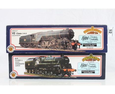Two boxed Bachmann OO gauge locomotives to include 31551 V2 60800 Green Arrow BR Black and 31101 Standard 4MT 75023 Green S/C